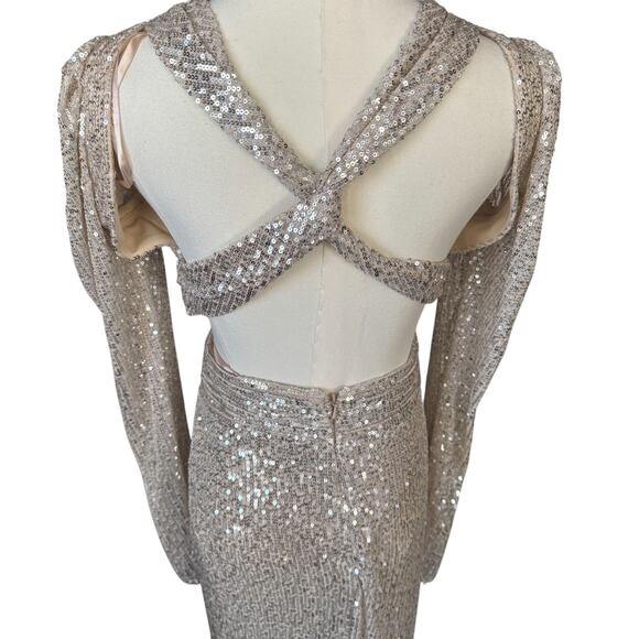 Ieena Mac Duggal 26739 Long Sleeve Sequined Gown Maxi Dress Nude Gold Size 2 NWT - Picture 5 of 10